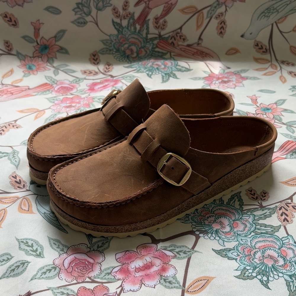 Birkenstock Brown Suede Buckle Mule Clogs